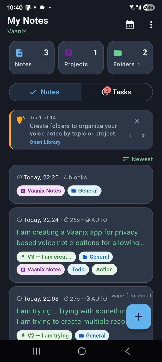 Vaanix Home Feed with Folders and Tags