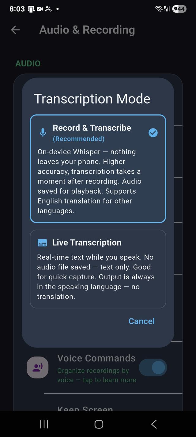 Vaanix Transcription Mode Selection